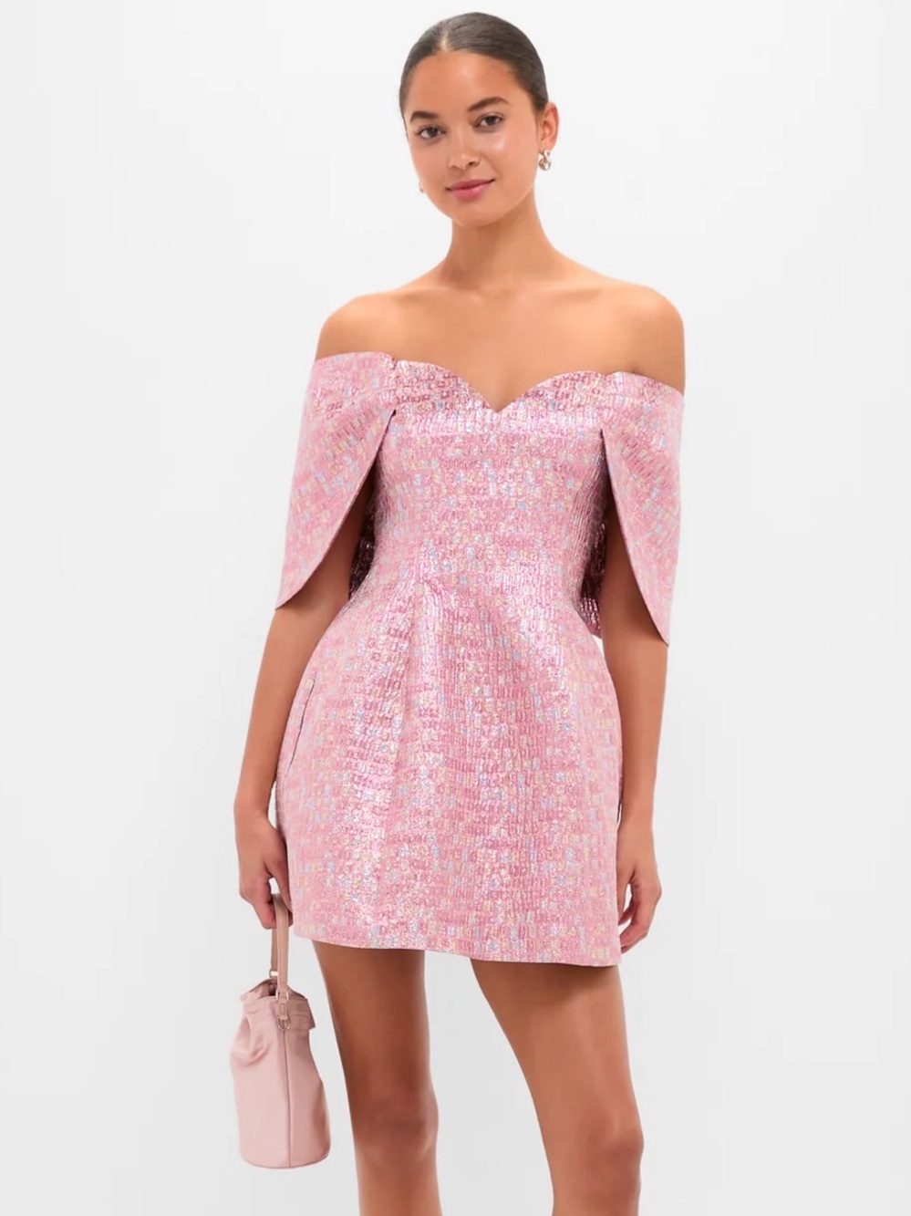 HYACINTH HOUSE Pink metallic Multi Jacquard Off-the-Shoulder Kara Mini Dress S